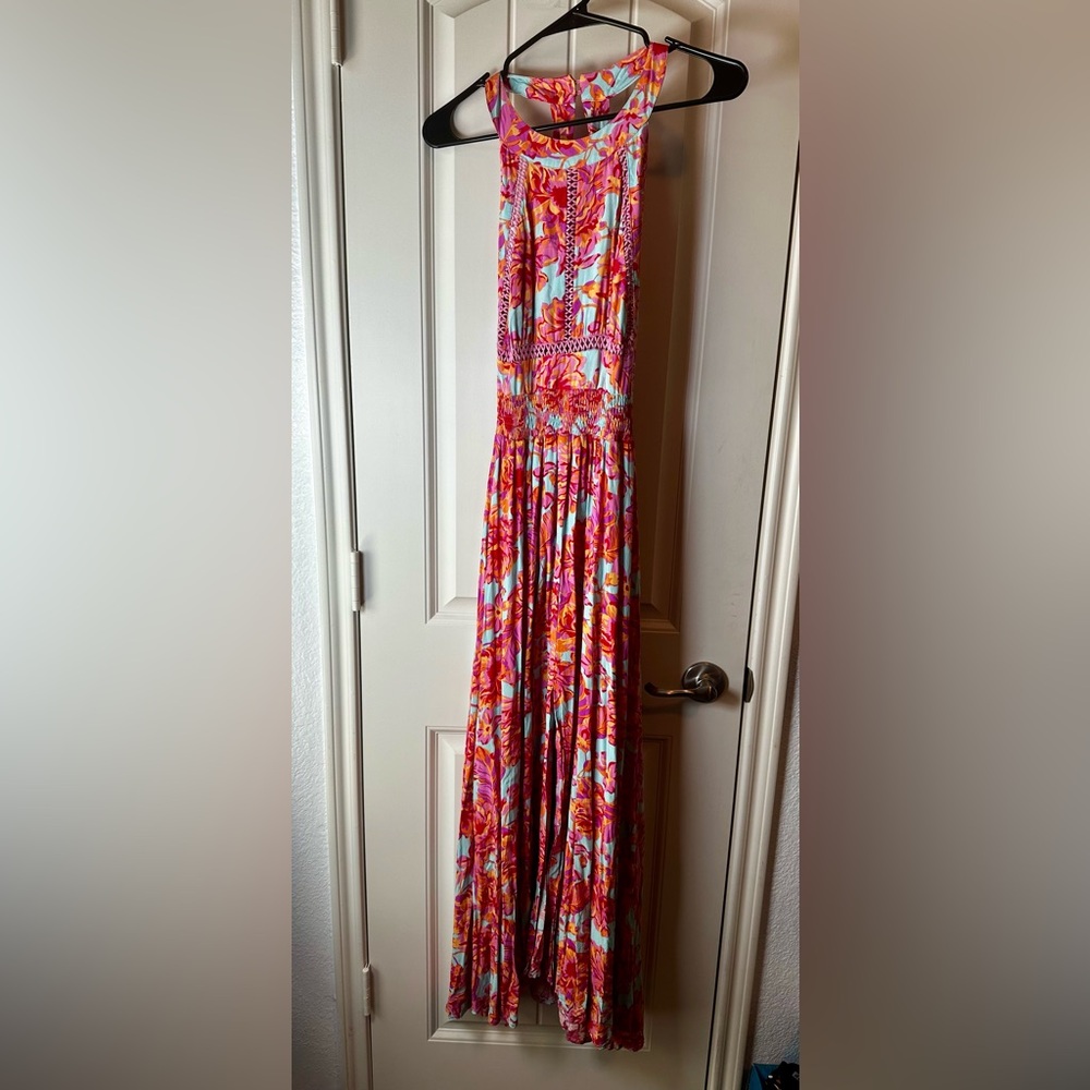 Pink Floral Halter Maxi Dress with Smocked Waist
